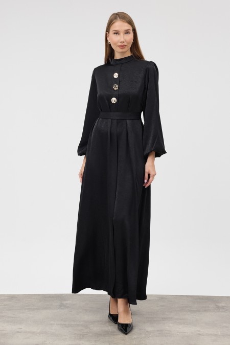 Button Detail Satin Evening Dress - Black