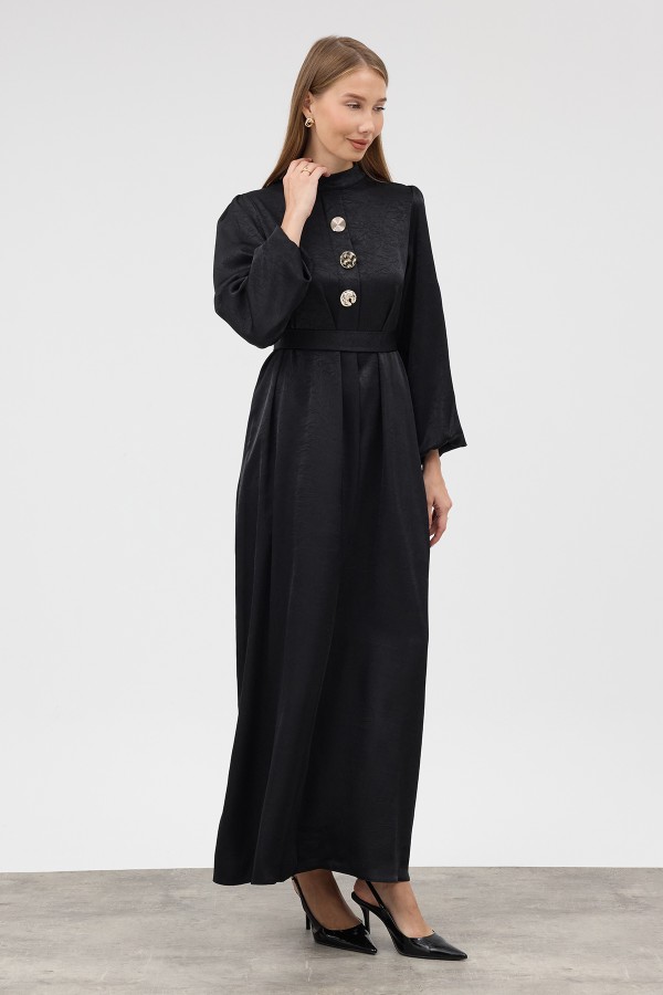 Button Detail Satin Evening Dress - Black
