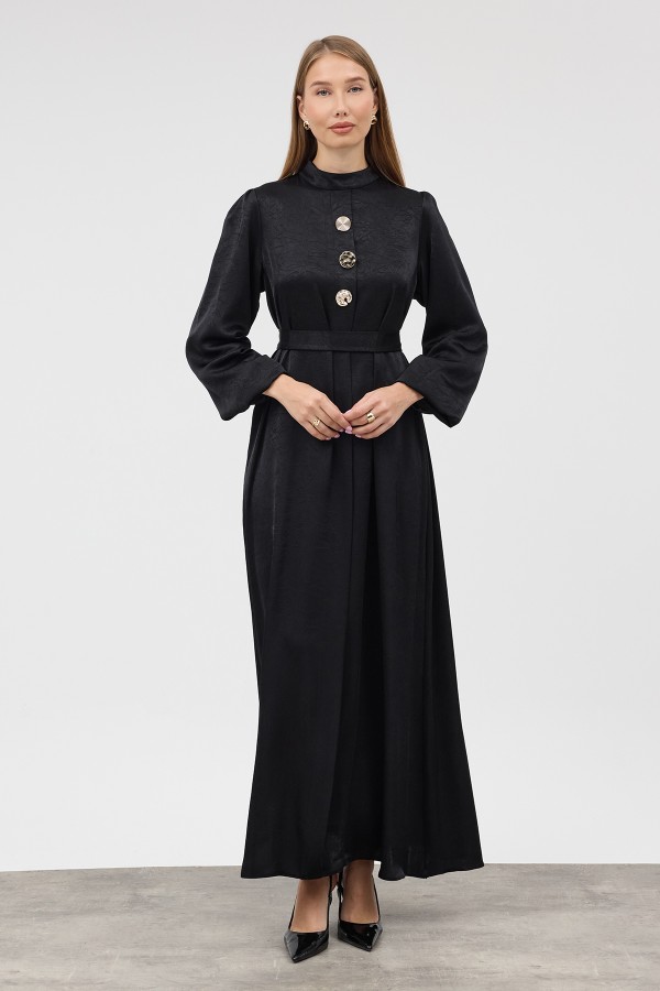Button Detail Satin Evening Dress - Black