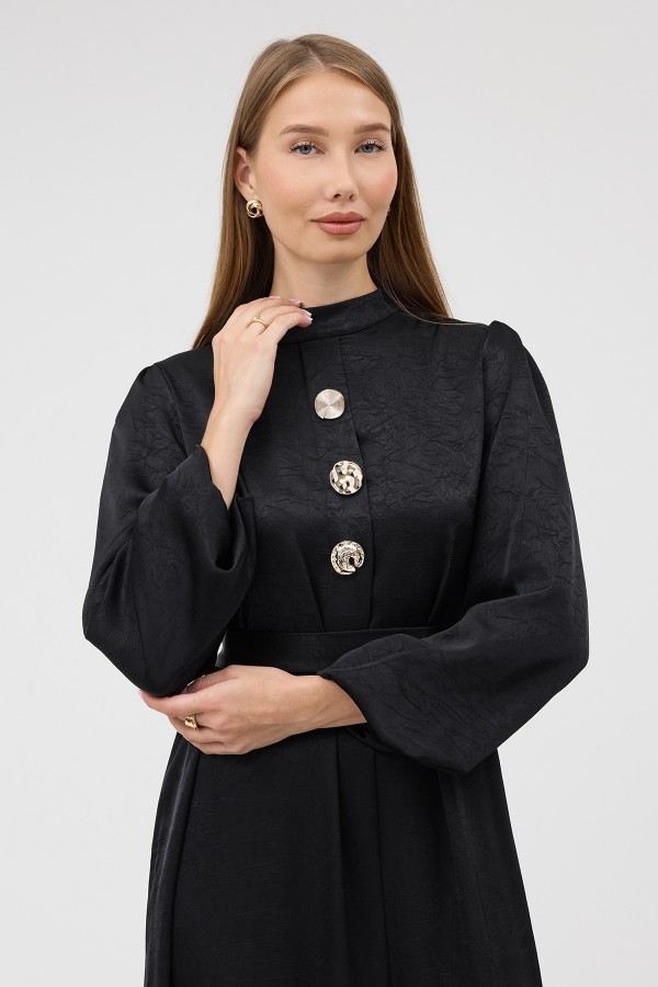 Button Detail Satin Evening Dress - Black