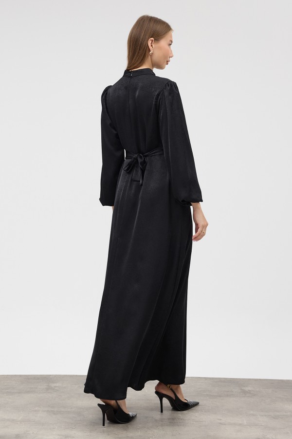 Button Detail Satin Evening Dress - Black