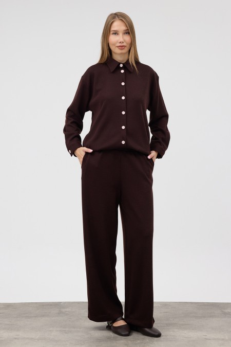 Knitted Shirt and Trousers Set - Coffee