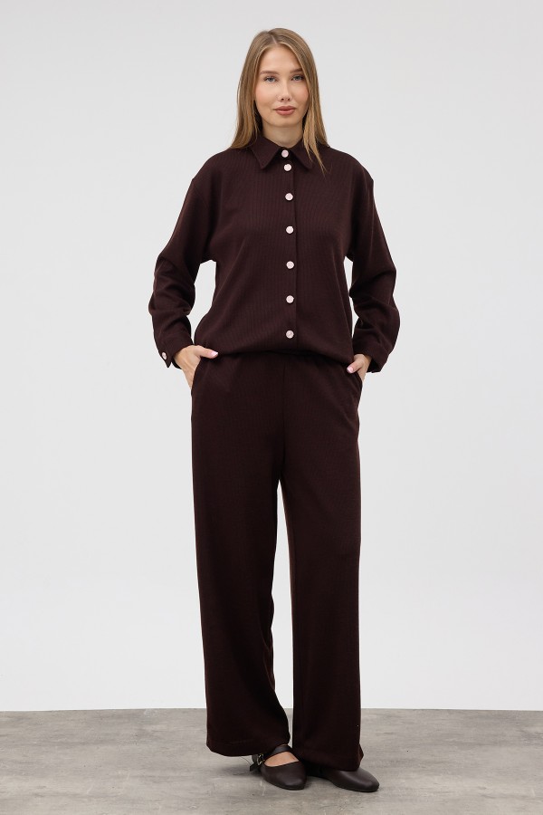 Knitted Shirt and Trousers Set - Coffee Knitted Shirt and Trousers Set - Coffee