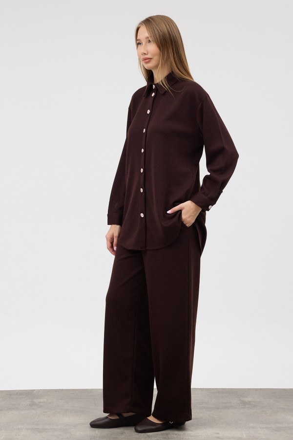 Knitted Shirt and Trousers Set - Coffee