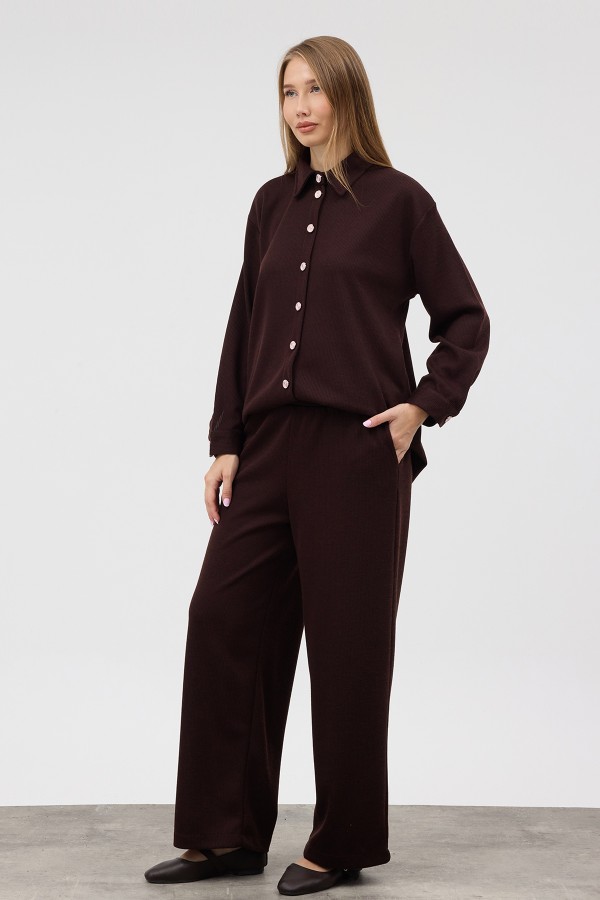 Knitted Shirt and Trousers Set - Coffee