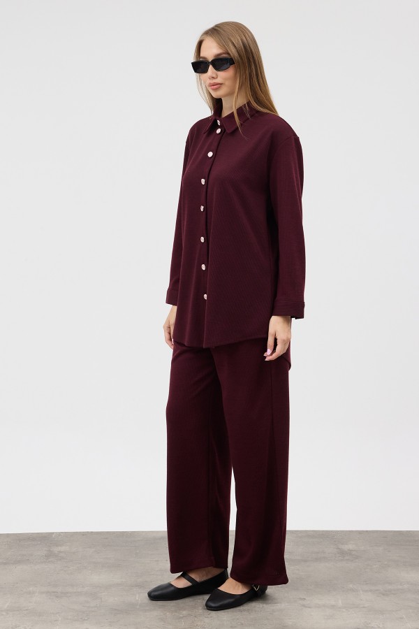 Knitted Shirt and Trousers Set - Burgundy