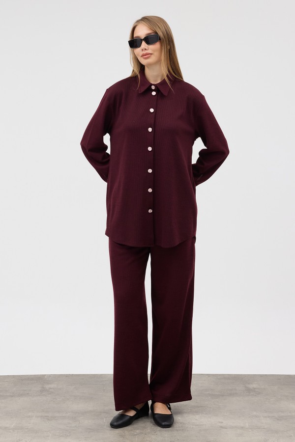 Knitted Shirt and Trousers Set - Burgundy