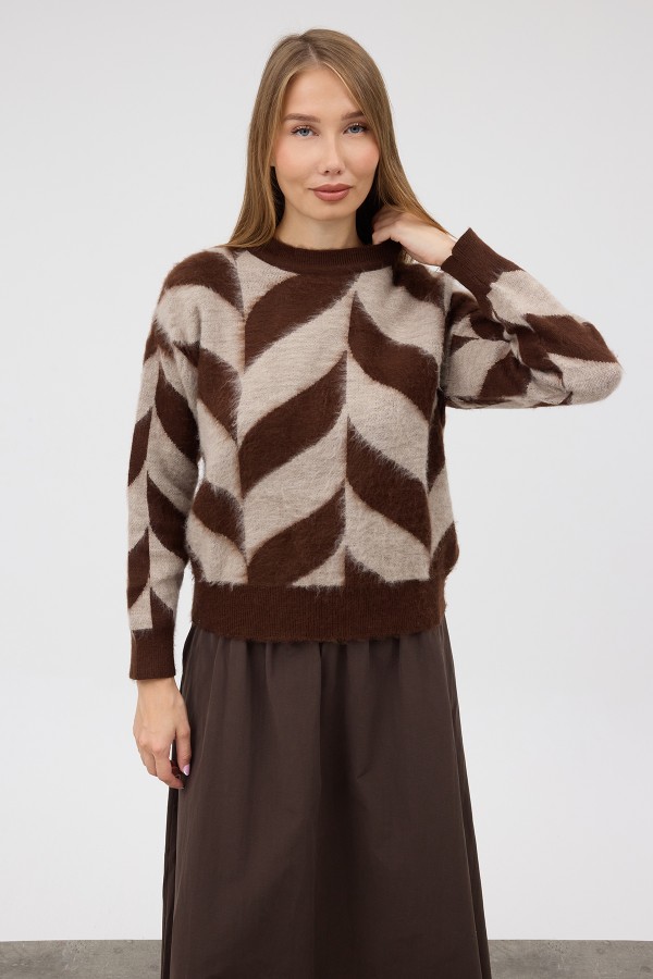 Crew Neck Patterned Knit Sweater - Beige