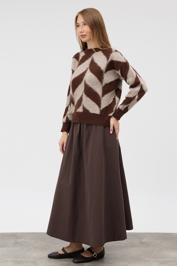 Crew Neck Patterned Knit Sweater - Beige