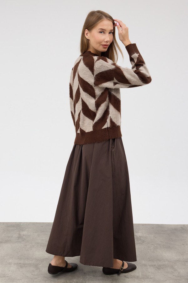 Crew Neck Patterned Knit Sweater - Beige