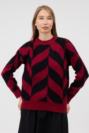 Crew Neck Patterned Knit Sweater - Burgundy Crew Neck Patterned Knit Sweater - Burgundy