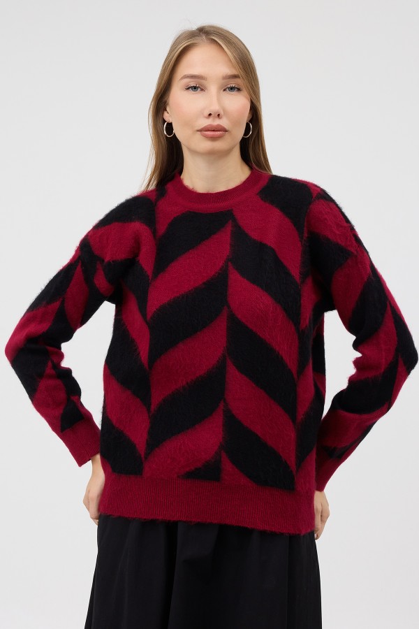 Crew Neck Patterned Knit Sweater - Burgundy Crew Neck Patterned Knit Sweater - Burgundy