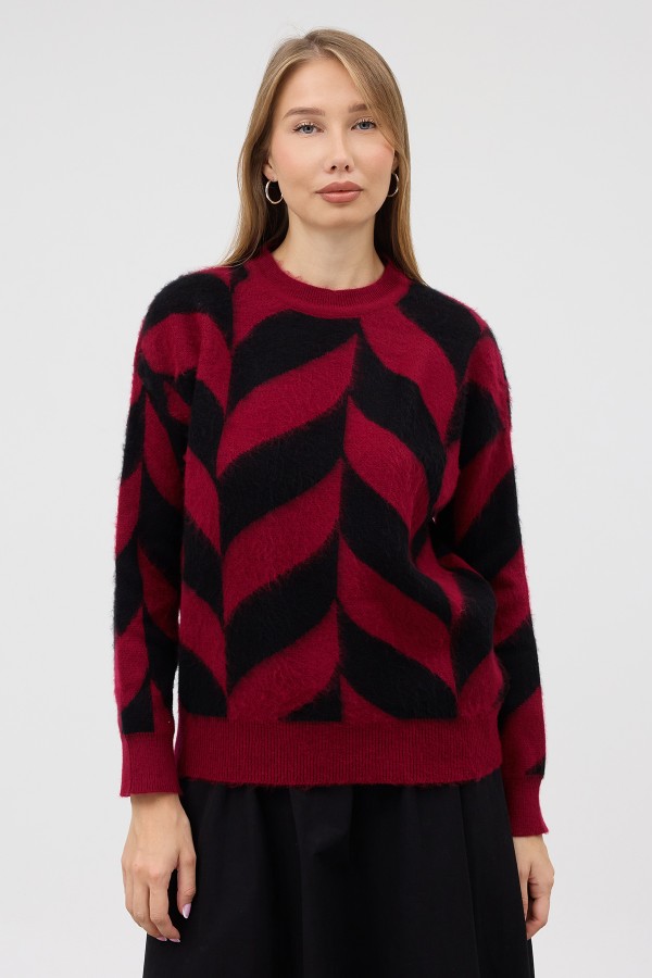 Crew Neck Patterned Knit Sweater - Burgundy