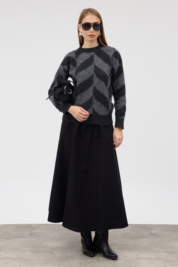 Crew Neck Patterned Knit Sweater - Grey