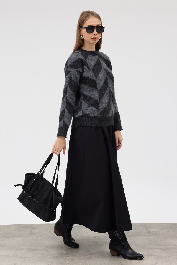Crew Neck Patterned Knit Sweater - Grey