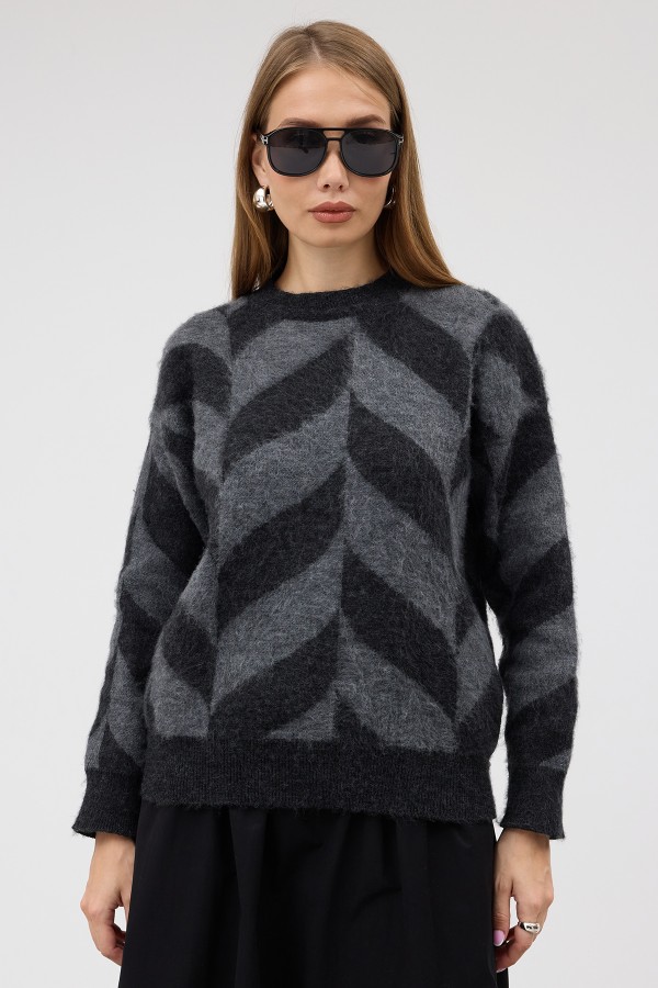 Crew Neck Patterned Knit Sweater - Grey