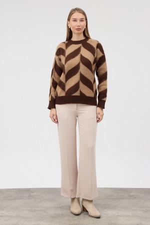 Crew Neck Patterned Knit Sweater - Brown Crew Neck Patterned Knit Sweater - Brown