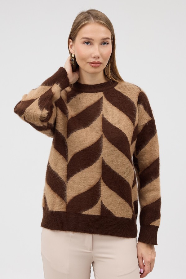 Crew Neck Patterned Knit Sweater - Brown
