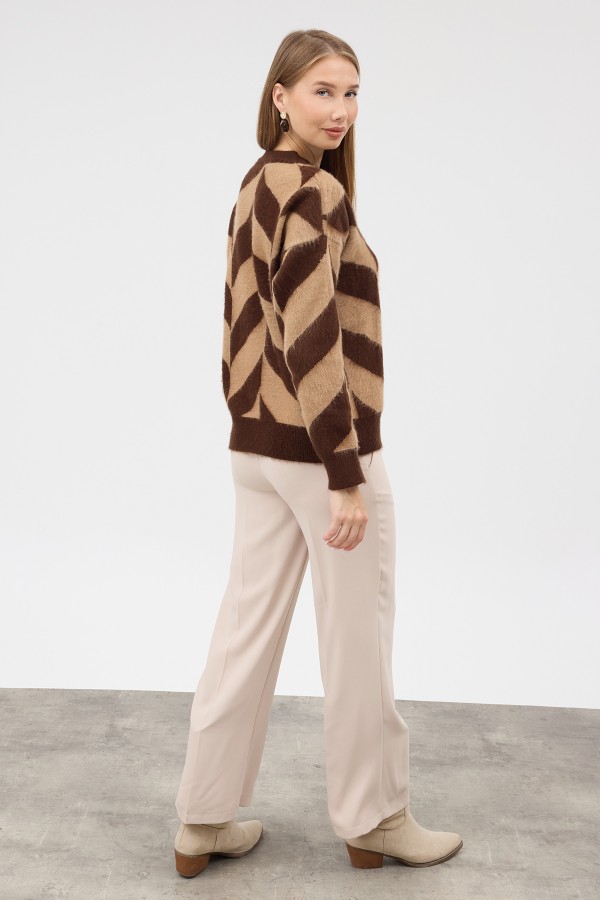 Crew Neck Patterned Knit Sweater - Brown
