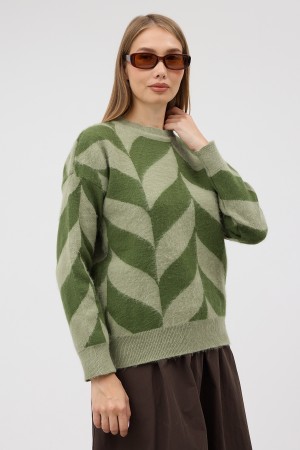 Crew Neck Patterned Knit Sweater - Green Crew Neck Patterned Knit Sweater - Green