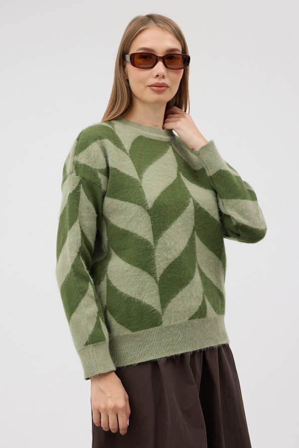 Crew Neck Patterned Knit Sweater - Green Crew Neck Patterned Knit Sweater - Green