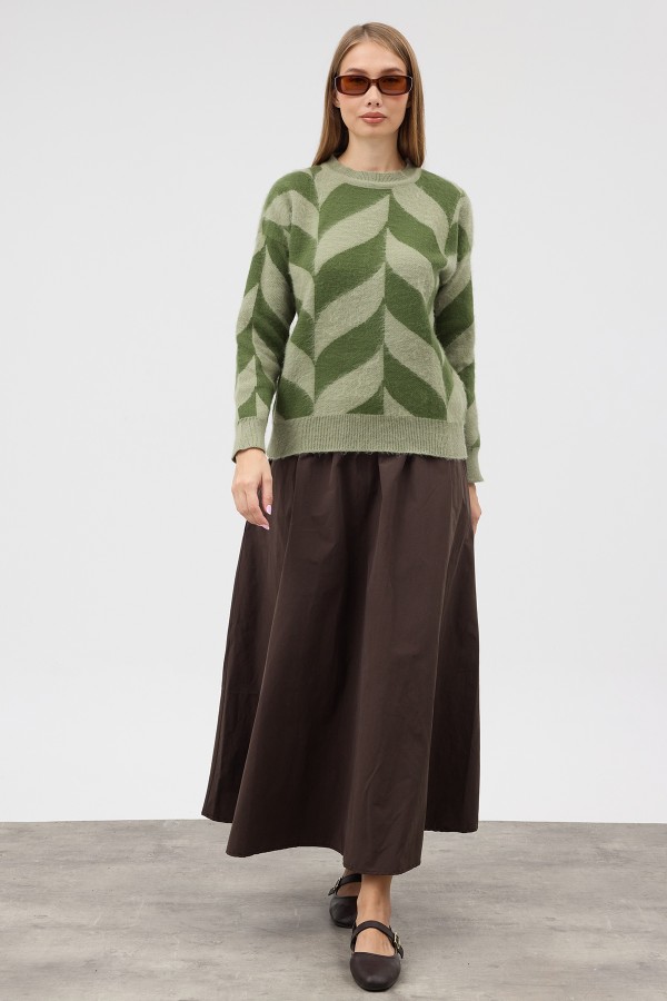 Crew Neck Patterned Knit Sweater - Green