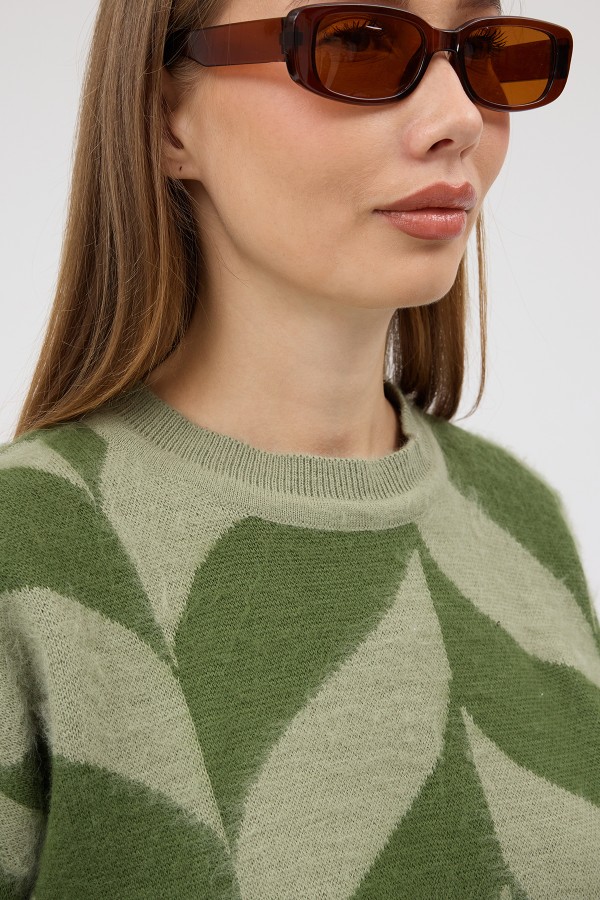 Crew Neck Patterned Knit Sweater - Green