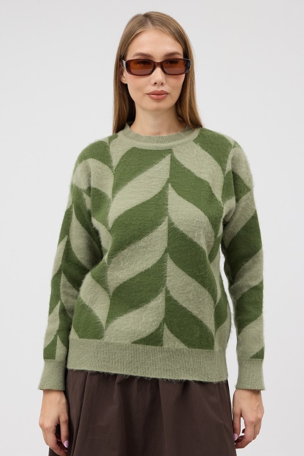 Crew Neck Patterned Knit Sweater - Green