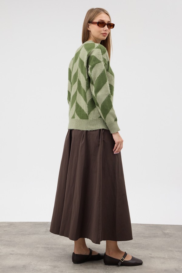 Crew Neck Patterned Knit Sweater - Green