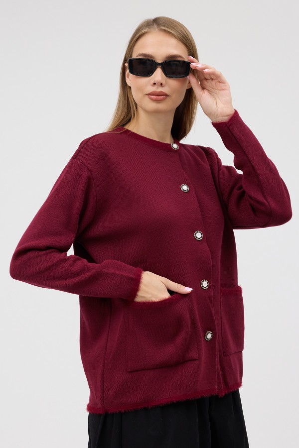 Pocket Detail Knitted Cardigan - Burgundy