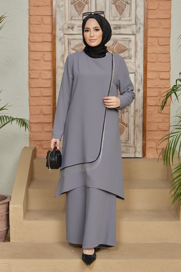 Zincirli Tunik Pantolon Takım - Gri