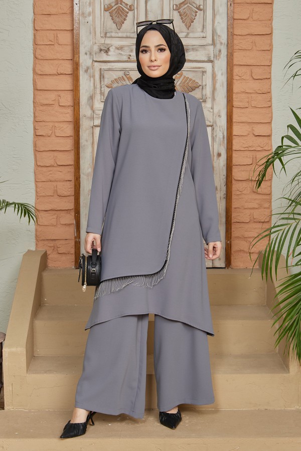 Zincirli Tunik Pantolon Takım - Gri