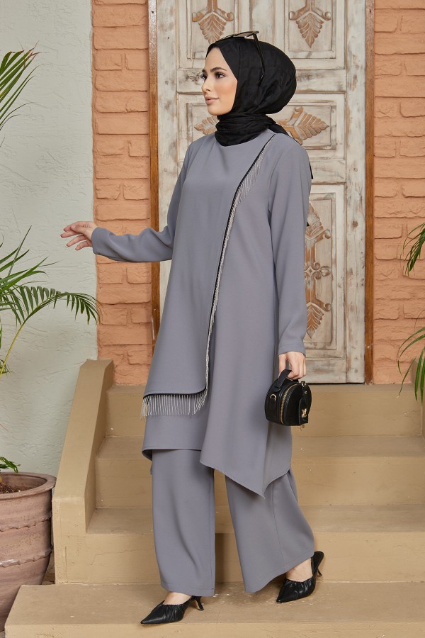 Zincirli Tunik Pantolon Takım - Gri