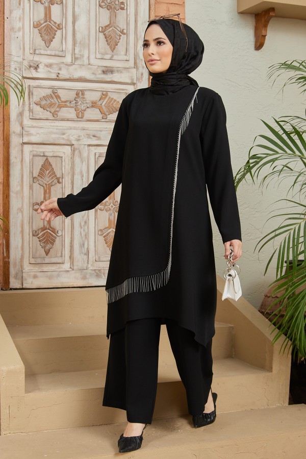 Zincirli Tunik Pantolon Takım - Siyah