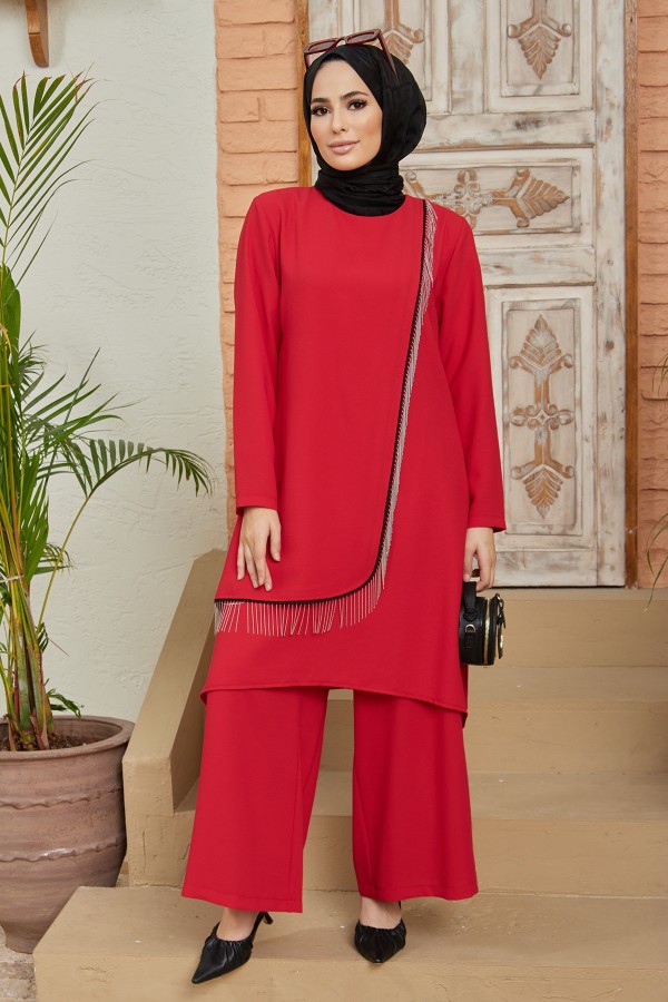 Zincirli Tunik Pantolon Takım - Kırmızı