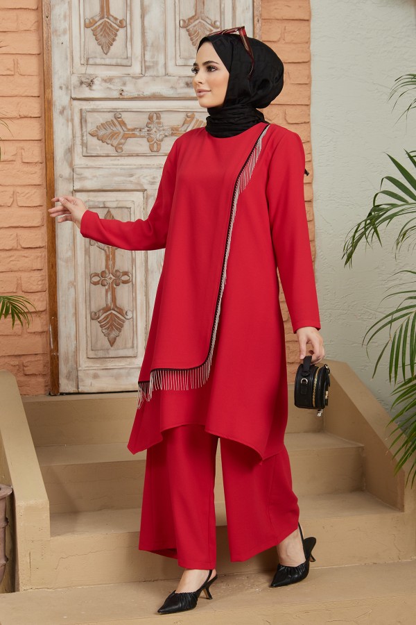 Zincirli Tunik Pantolon Takım - Kırmızı