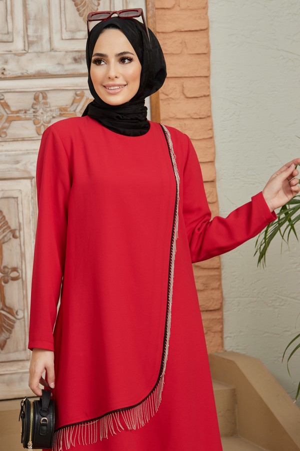 Zincirli Tunik Pantolon Takım - Kırmızı