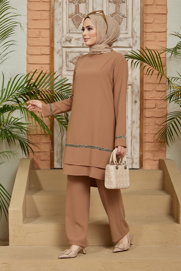 Taş Detaylı Tunik Pantolon Takım - Camel