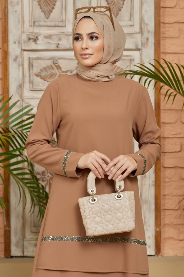 Taş Detaylı Tunik Pantolon Takım - Camel