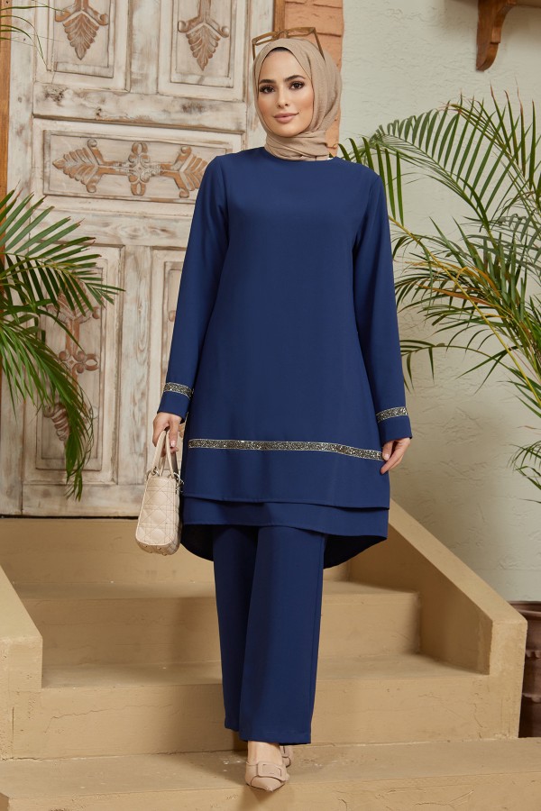 Taş Detaylı Tunik Pantolon Takım - İndigo