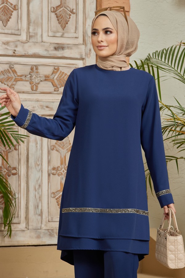 Taş Detaylı Tunik Pantolon Takım - İndigo