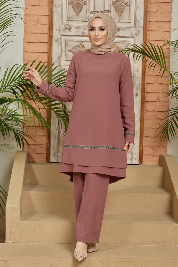 Taş Detaylı Tunik Pantolon Takım - Gül Kurusu