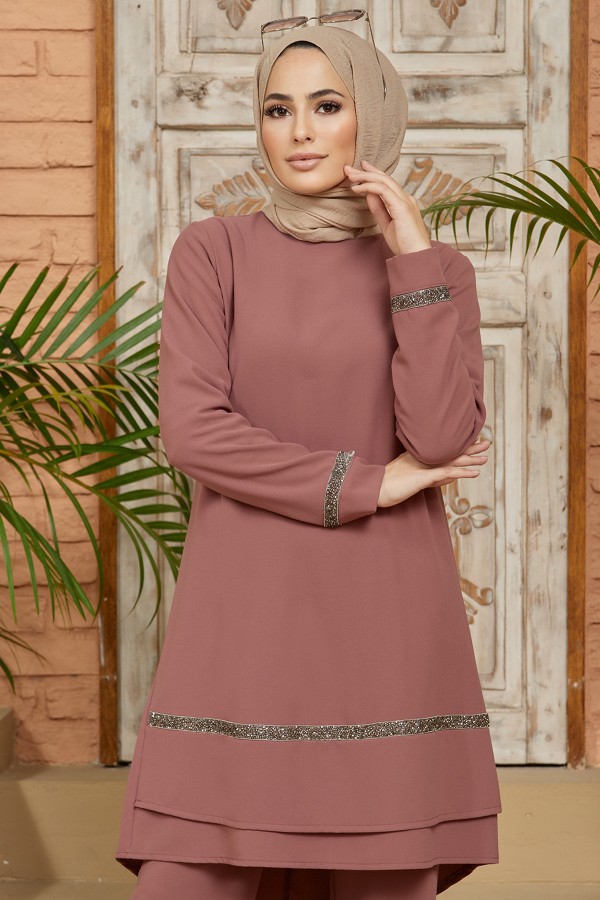 Taş Detaylı Tunik Pantolon Takım - Gül Kurusu