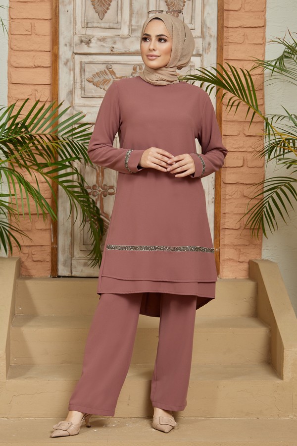 Taş Detaylı Tunik Pantolon Takım - Gül Kurusu