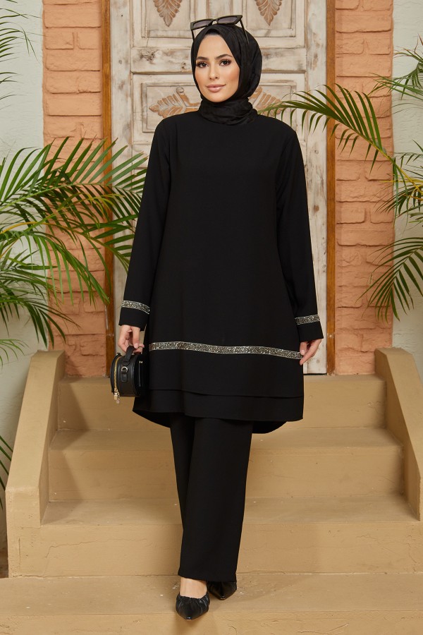 Taş Detaylı Tunik Pantolon Takım - Siyah