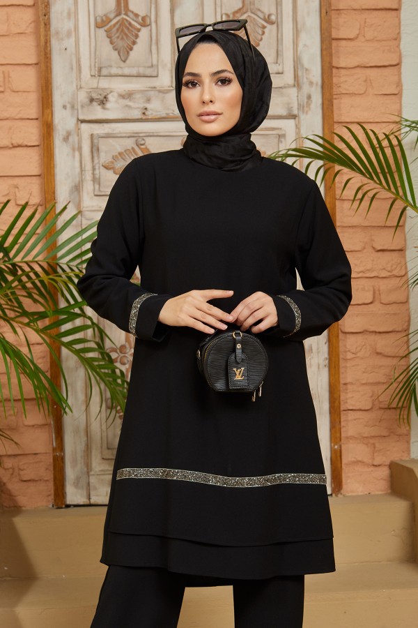 Taş Detaylı Tunik Pantolon Takım - Siyah