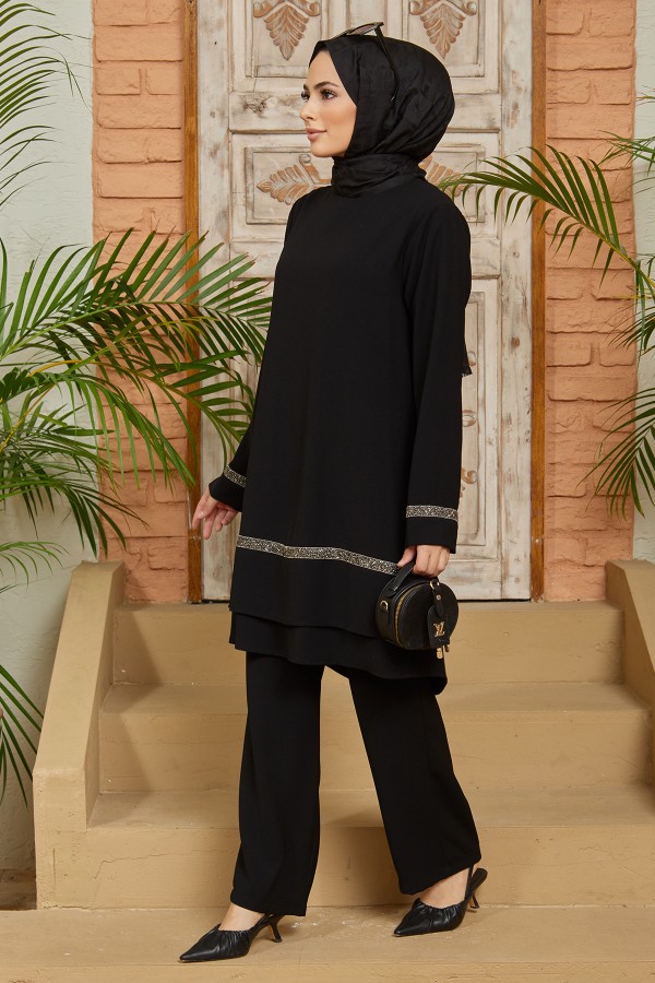 Taş Detaylı Tunik Pantolon Takım - Siyah