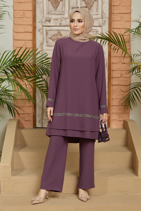 Stone Detailed Tunic Trousers Set - Lilac