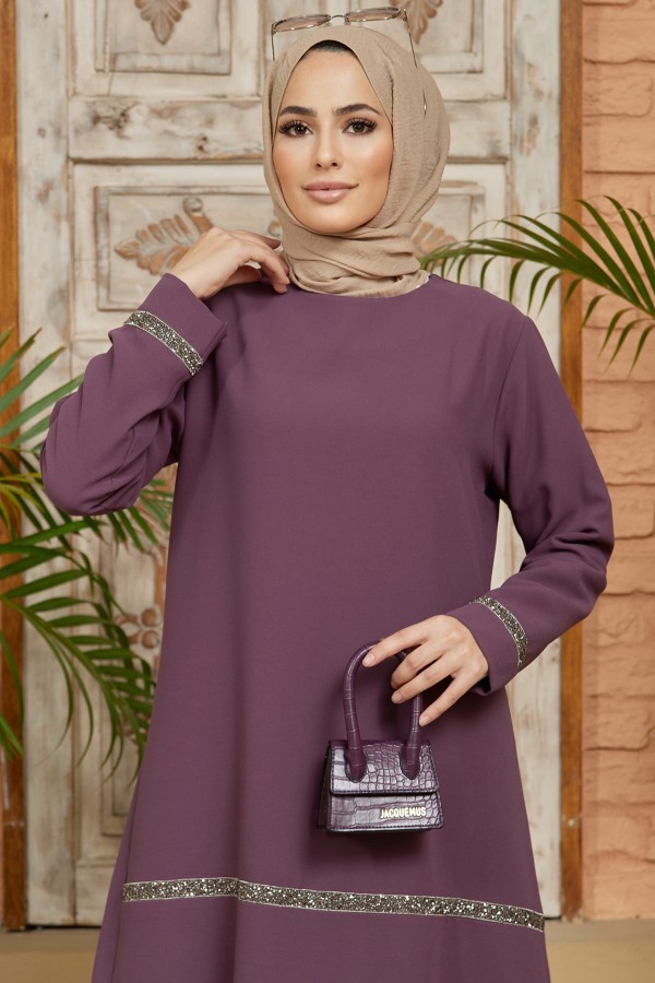 Taş Detaylı Tunik Pantolon Takım - Leylak