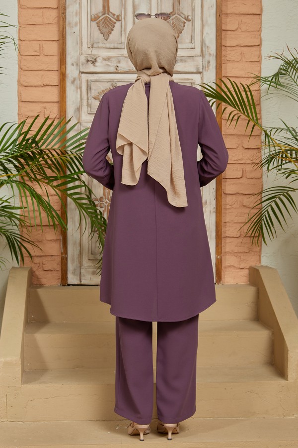 Taş Detaylı Tunik Pantolon Takım - Leylak